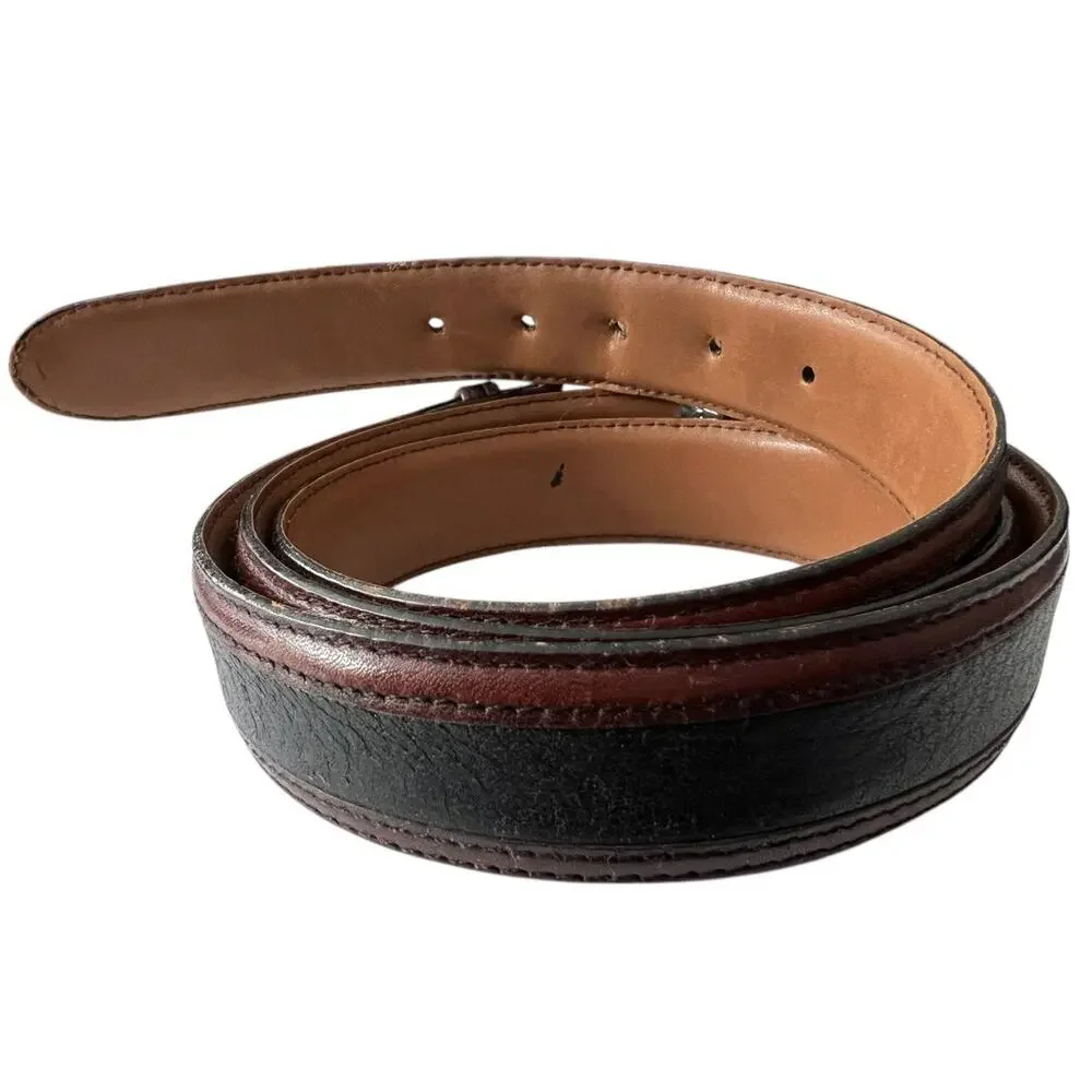 Johnston & Murphy Belt Men’s 44 Black Pebbled Leather & Brown Brass Buckle Italy